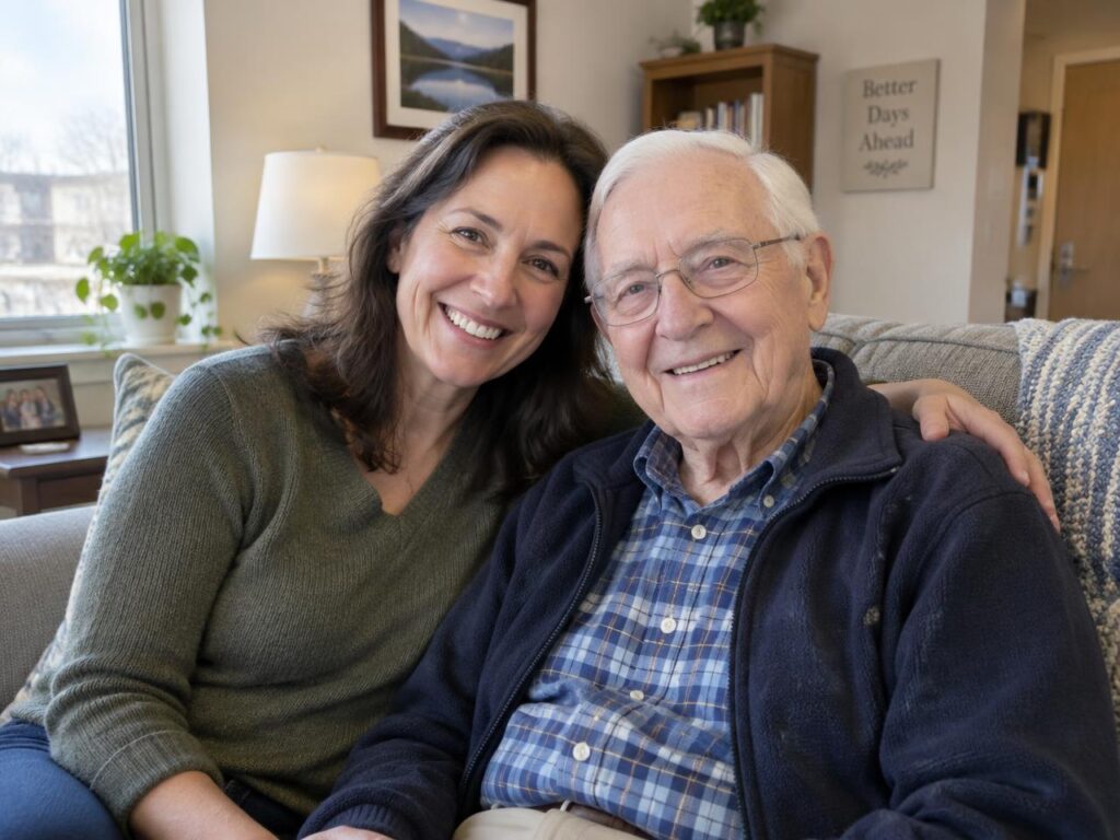 Resident smiling with a family member